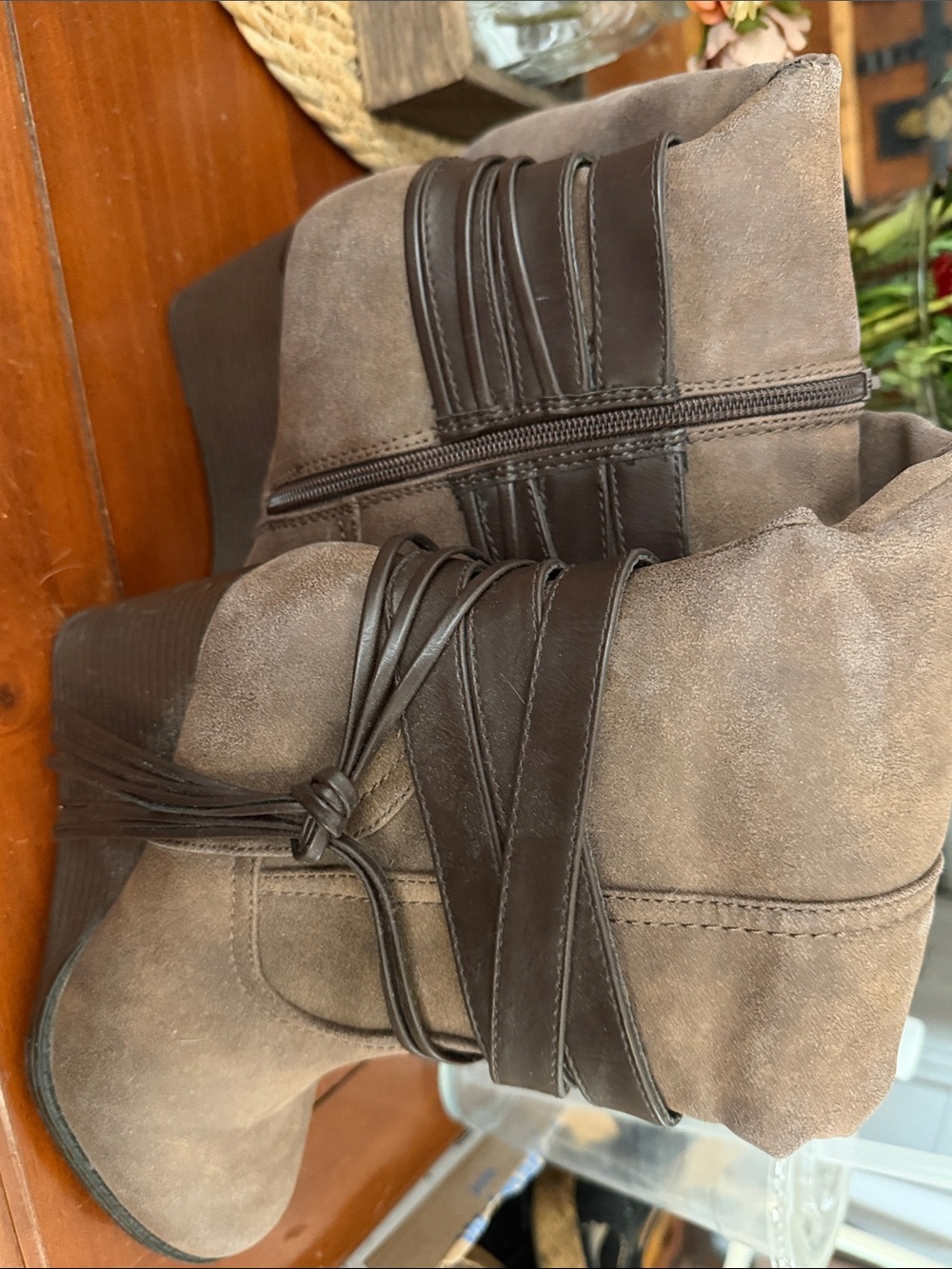 Women's Taupe Suede tall wedge Boots with Wrap Detail